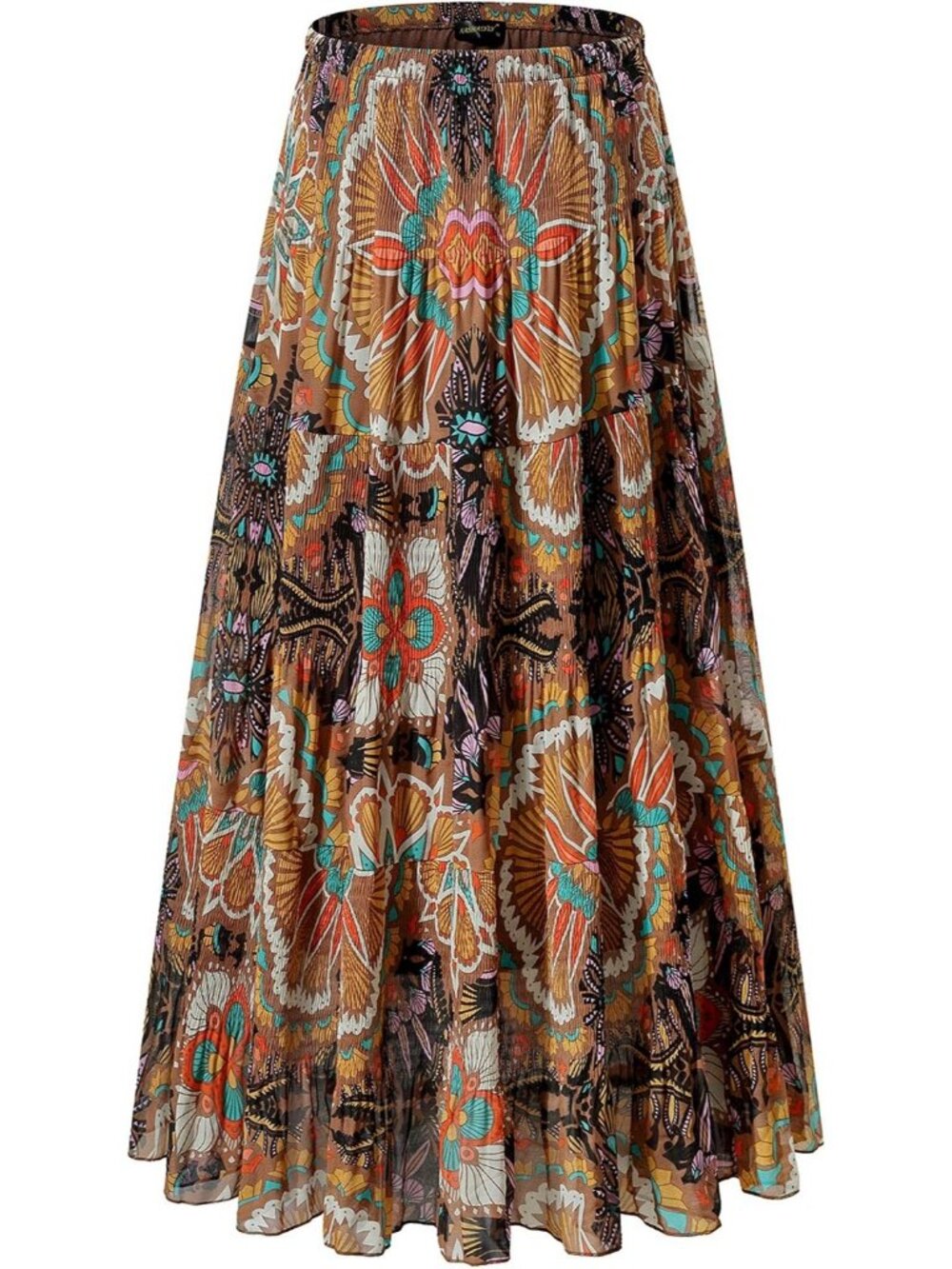 Women's Tribal Print Chiffon Elastic High Waist Pleated Flared A-Line Long Skirt